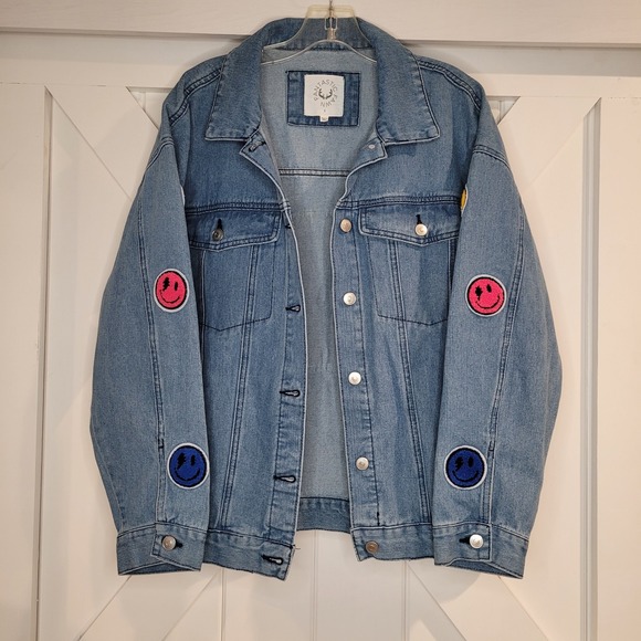 Fantastic Fawn Smiley Rainbow Patch Denim Jacket Oversized Small‎ (Large) Grunge - Picture 5 of 10
